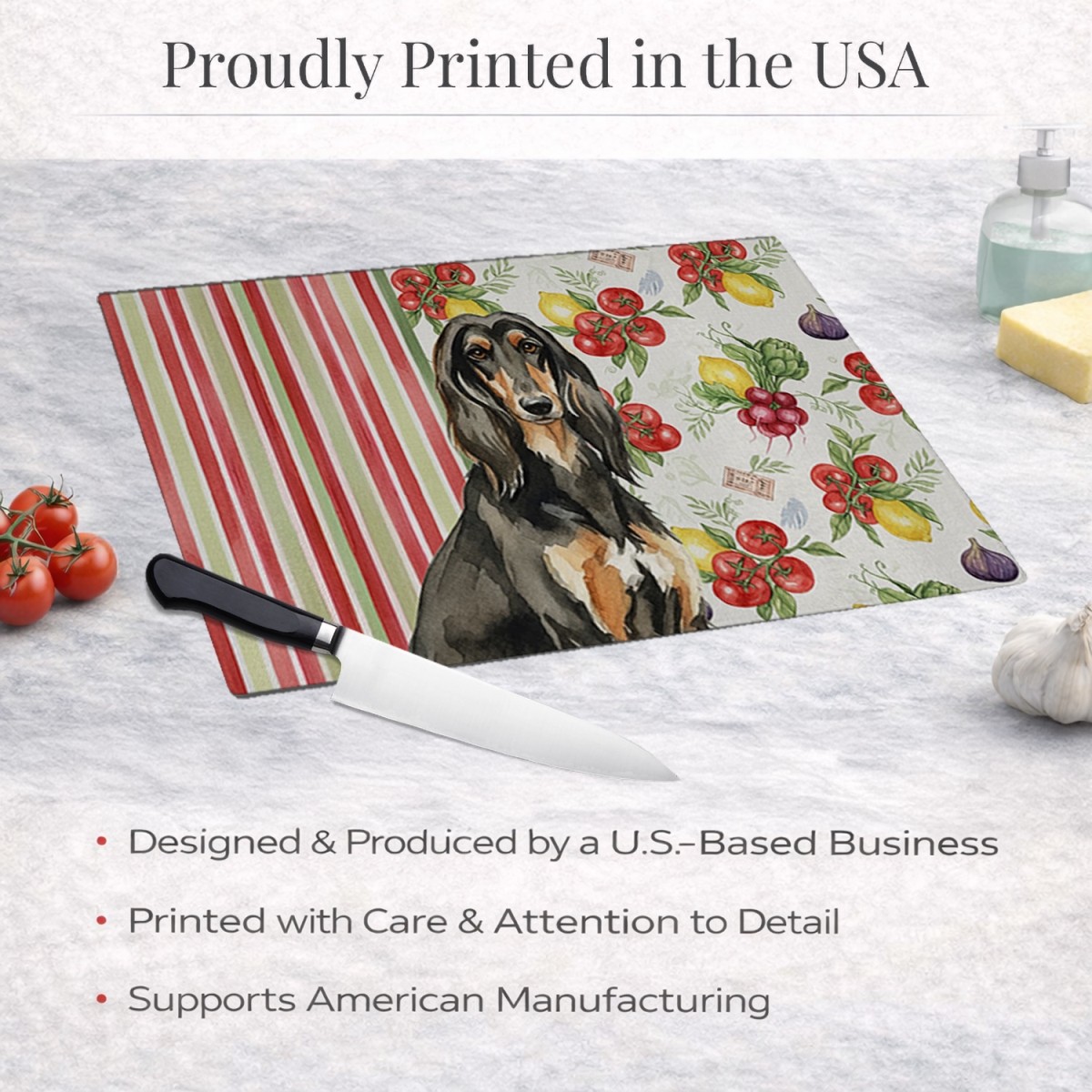 Picture of Carolines Treasures WDK8065LCB 11.25 x 15.25 in. Black & Tan Afghan Hound Vegetables Glass Cutting Board