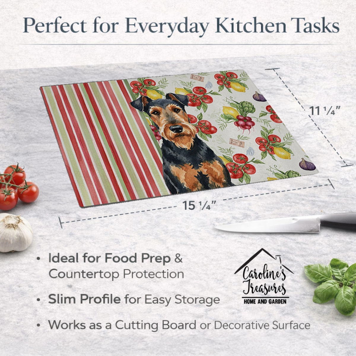 Picture of Carolines Treasures WDK8067LCB 11.25 x 15.25 in. Airedale Terrier Vegetables Glass Cutting Board