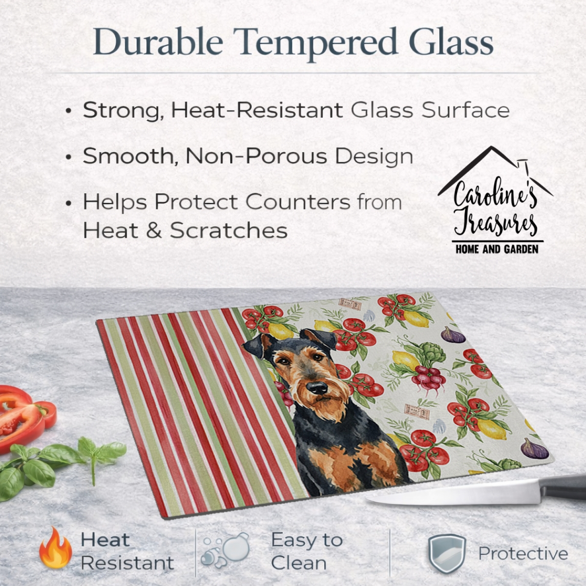 Picture of Carolines Treasures WDK8067LCB 11.25 x 15.25 in. Airedale Terrier Vegetables Glass Cutting Board