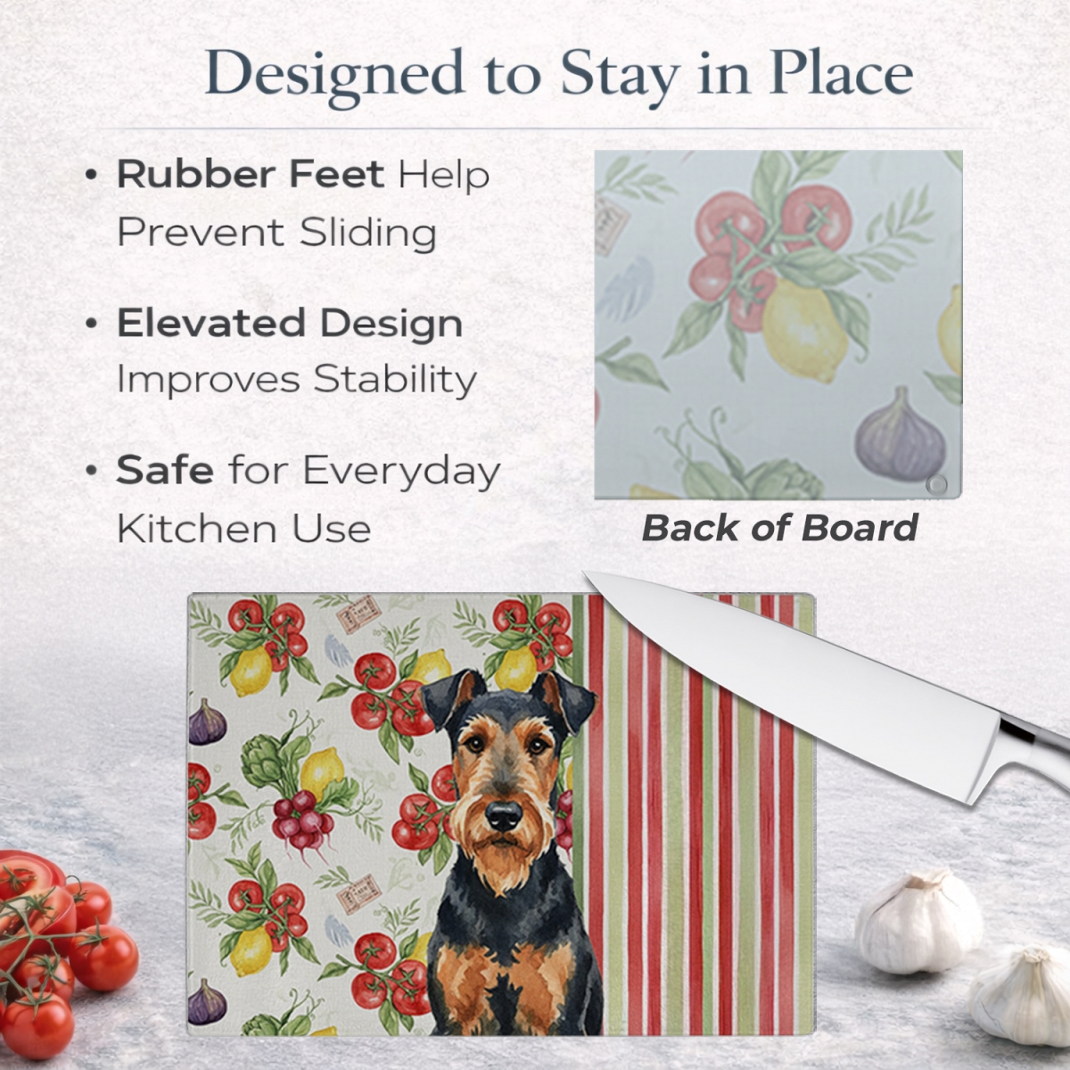 Picture of Carolines Treasures WDK8067LCB 11.25 x 15.25 in. Airedale Terrier Vegetables Glass Cutting Board