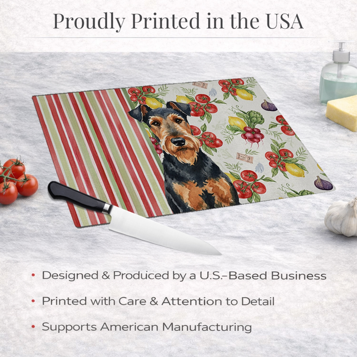 Picture of Carolines Treasures WDK8067LCB 11.25 x 15.25 in. Airedale Terrier Vegetables Glass Cutting Board