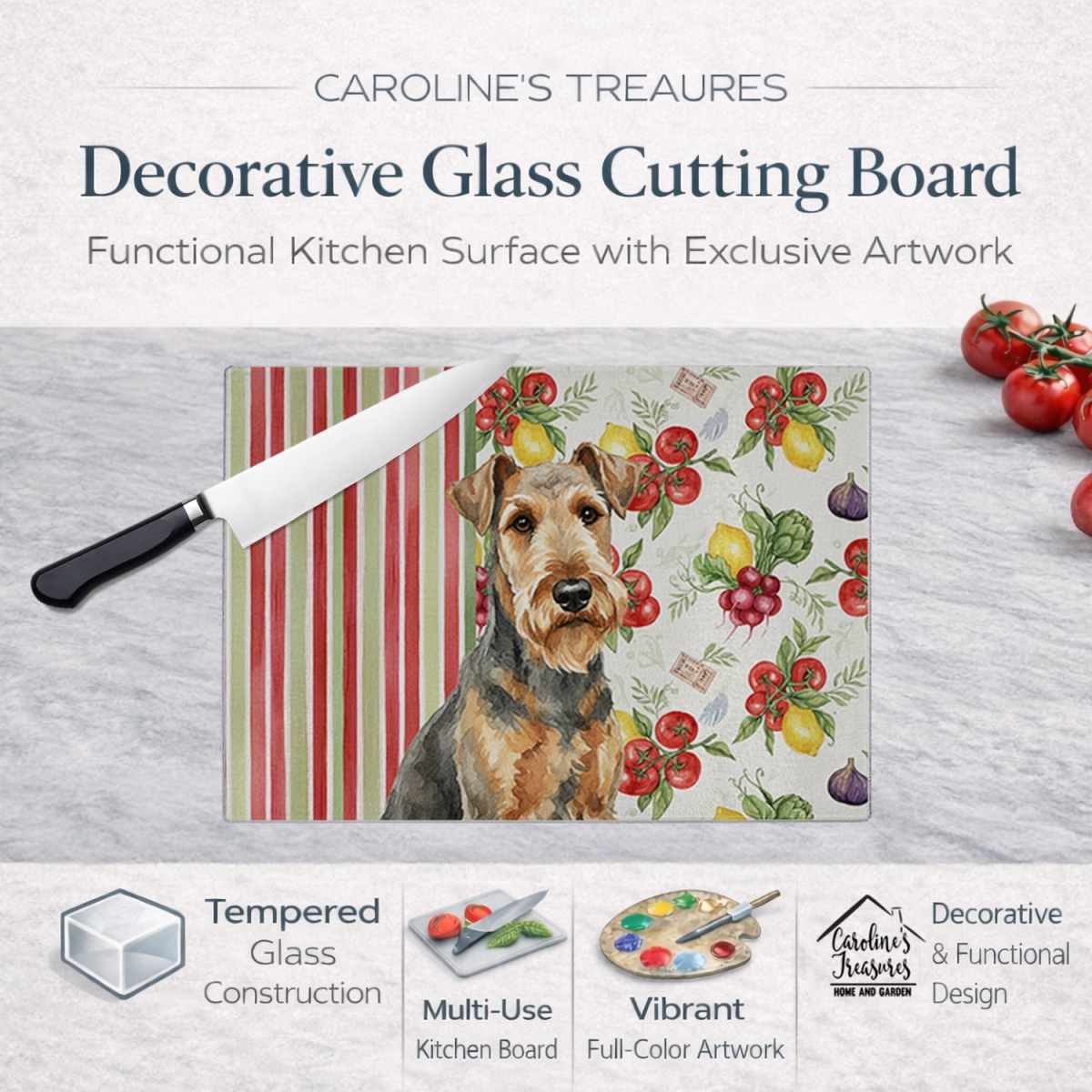 Picture of Carolines Treasures WDK8068LCB 11.25 x 15.25 in. Grizzle Airedale Terrier Vegetables Glass Cutting Board