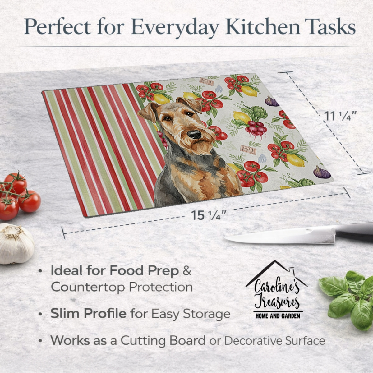 Picture of Carolines Treasures WDK8068LCB 11.25 x 15.25 in. Grizzle Airedale Terrier Vegetables Glass Cutting Board