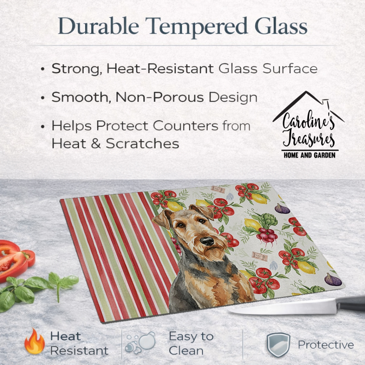 Picture of Carolines Treasures WDK8068LCB 11.25 x 15.25 in. Grizzle Airedale Terrier Vegetables Glass Cutting Board