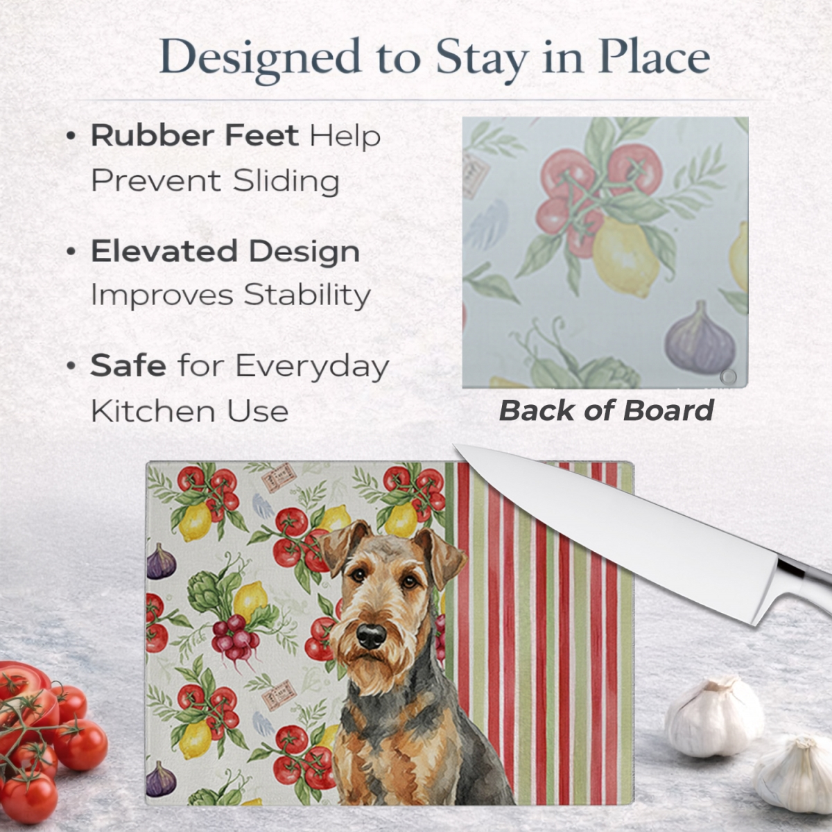 Picture of Carolines Treasures WDK8068LCB 11.25 x 15.25 in. Grizzle Airedale Terrier Vegetables Glass Cutting Board