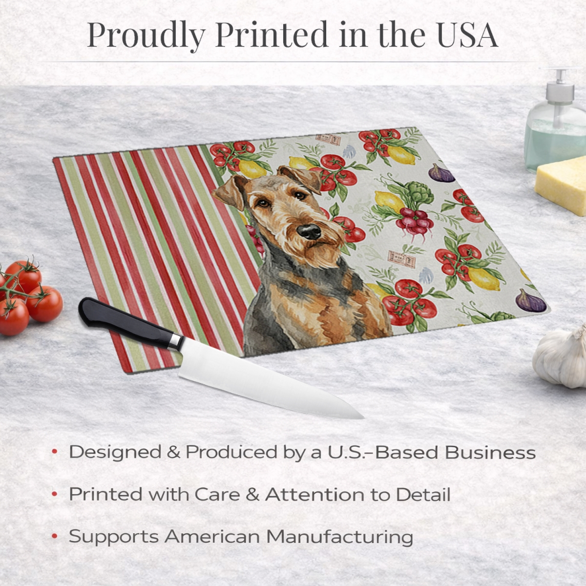 Picture of Carolines Treasures WDK8068LCB 11.25 x 15.25 in. Grizzle Airedale Terrier Vegetables Glass Cutting Board