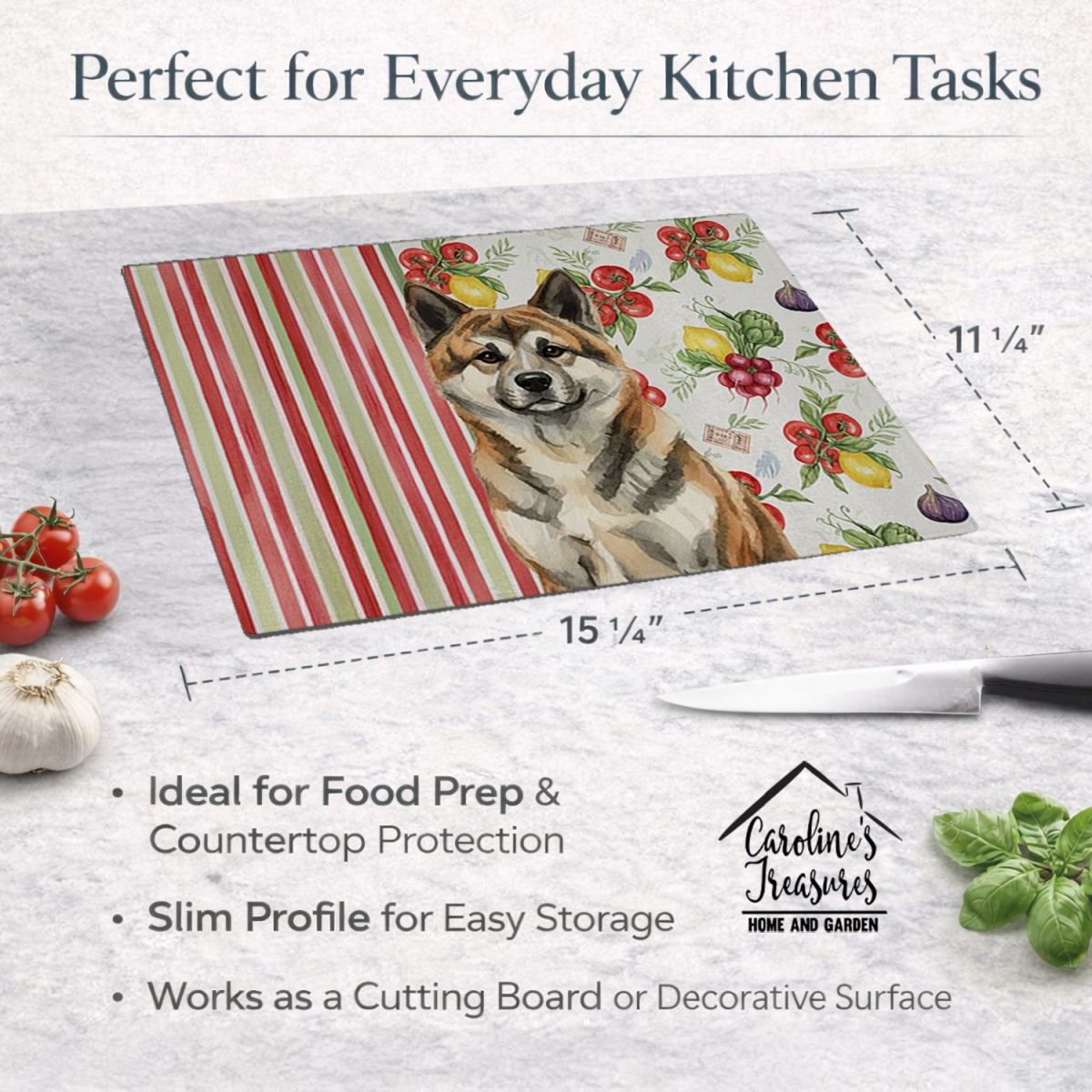 Picture of Carolines Treasures WDK8069LCB 11.25 x 15.25 in. Brindle Akita Vegetables Glass Cutting Board