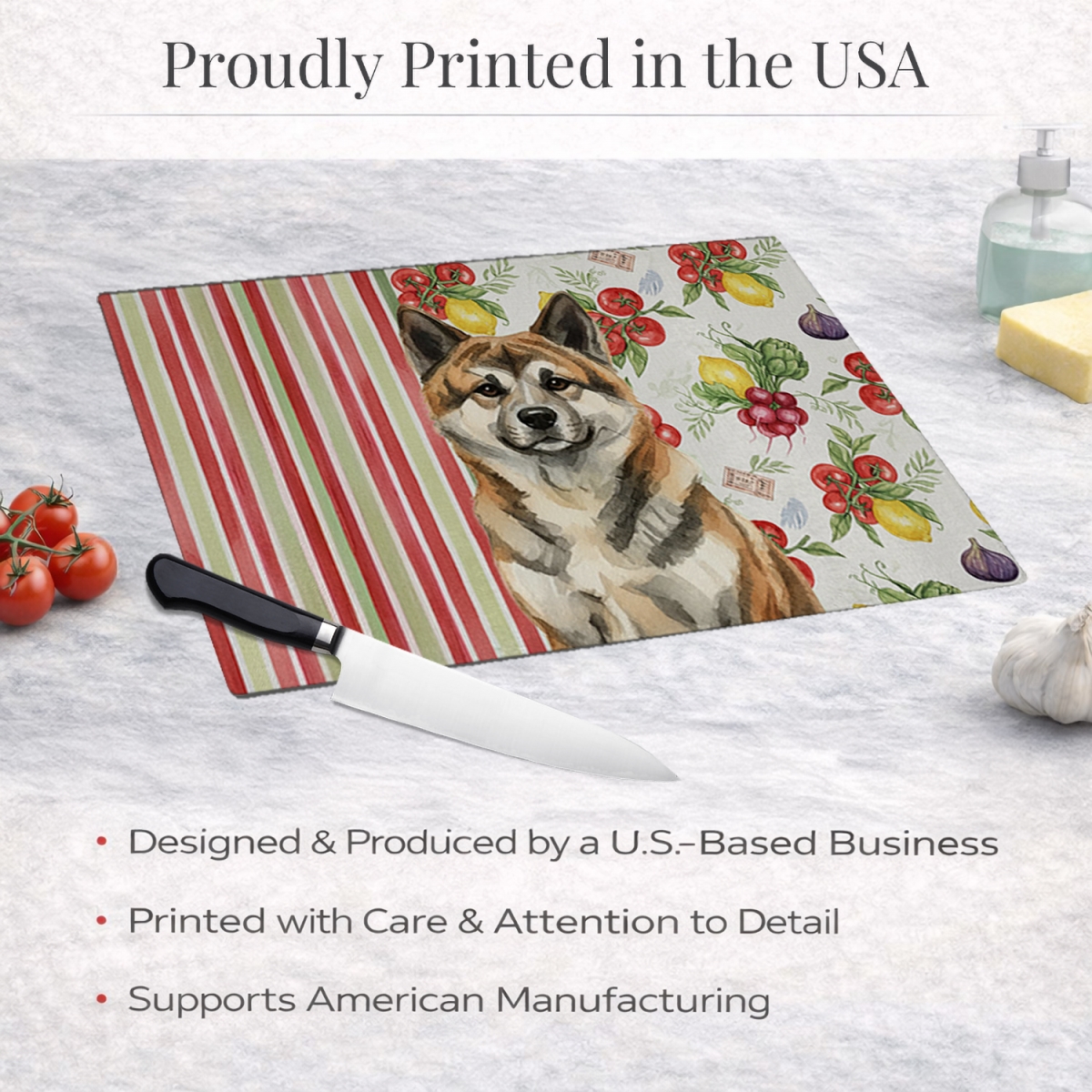 Picture of Carolines Treasures WDK8069LCB 11.25 x 15.25 in. Brindle Akita Vegetables Glass Cutting Board