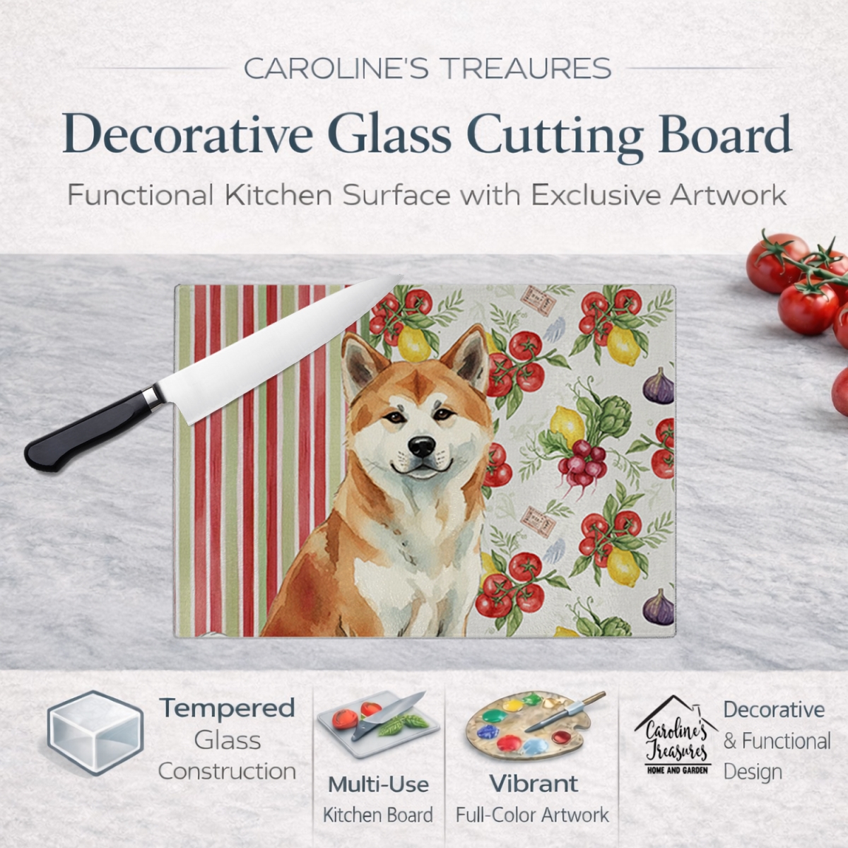 Picture of Carolines Treasures WDK8070LCB 11.25 x 15.25 in. Red Akita Vegetables Glass Cutting Board