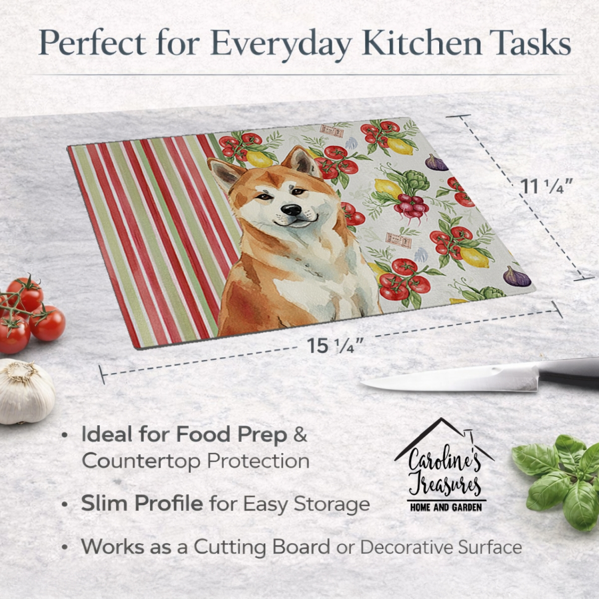 Picture of Carolines Treasures WDK8070LCB 11.25 x 15.25 in. Red Akita Vegetables Glass Cutting Board
