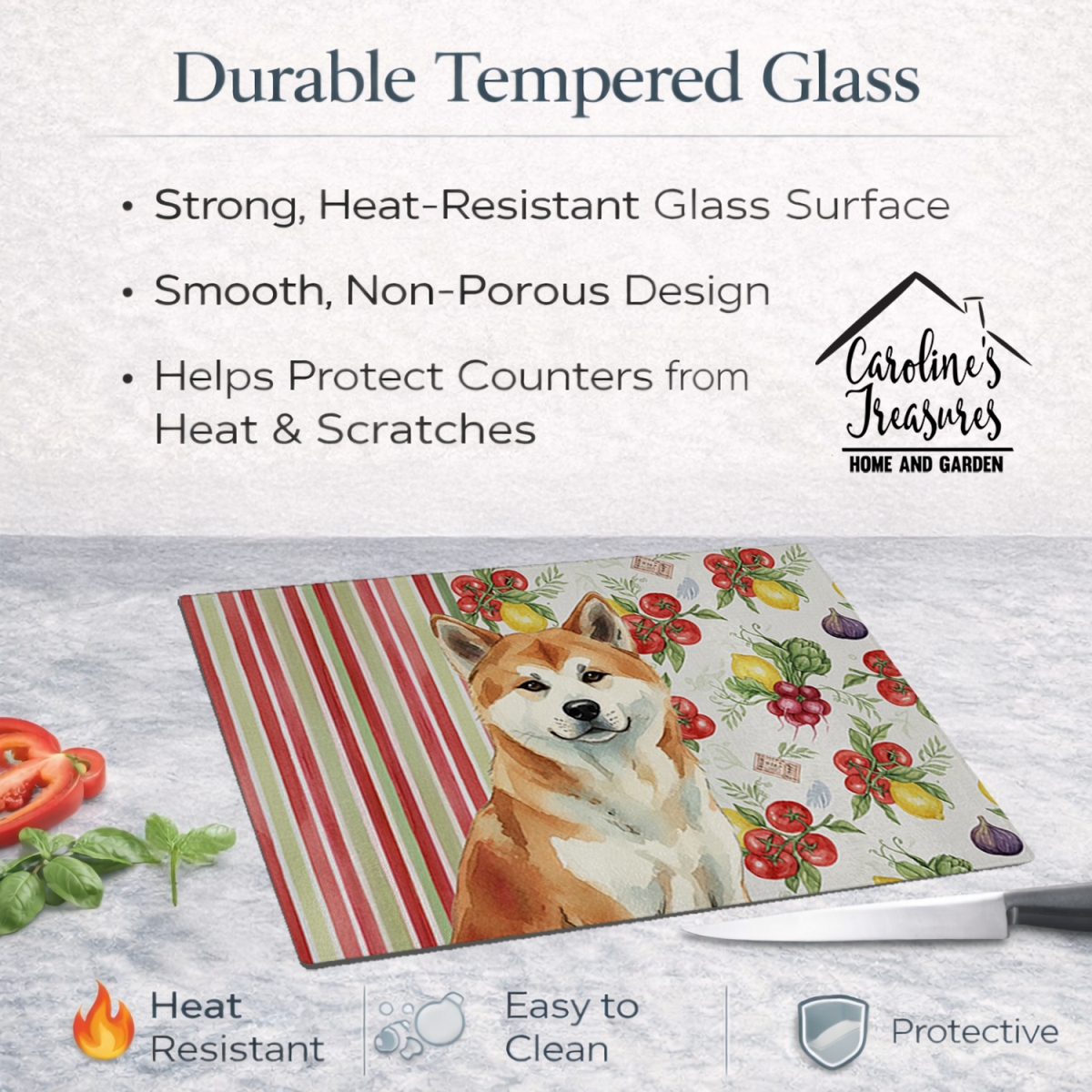 Picture of Carolines Treasures WDK8070LCB 11.25 x 15.25 in. Red Akita Vegetables Glass Cutting Board