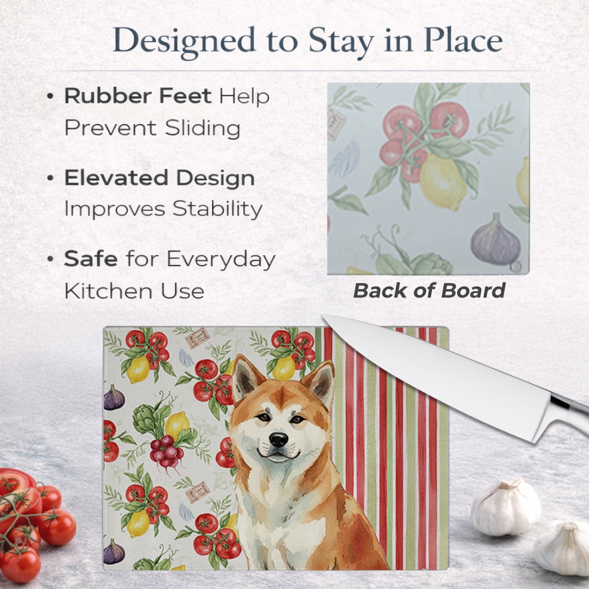Picture of Carolines Treasures WDK8070LCB 11.25 x 15.25 in. Red Akita Vegetables Glass Cutting Board