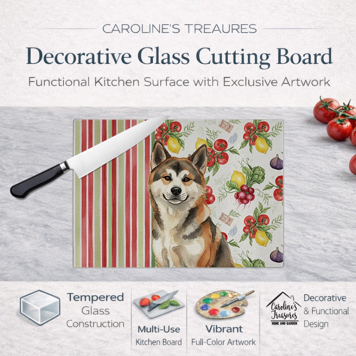 Picture of Carolines Treasures WDK8071LCB 11.25 x 15.25 in. Sesame Akita Vegetables Glass Cutting Board