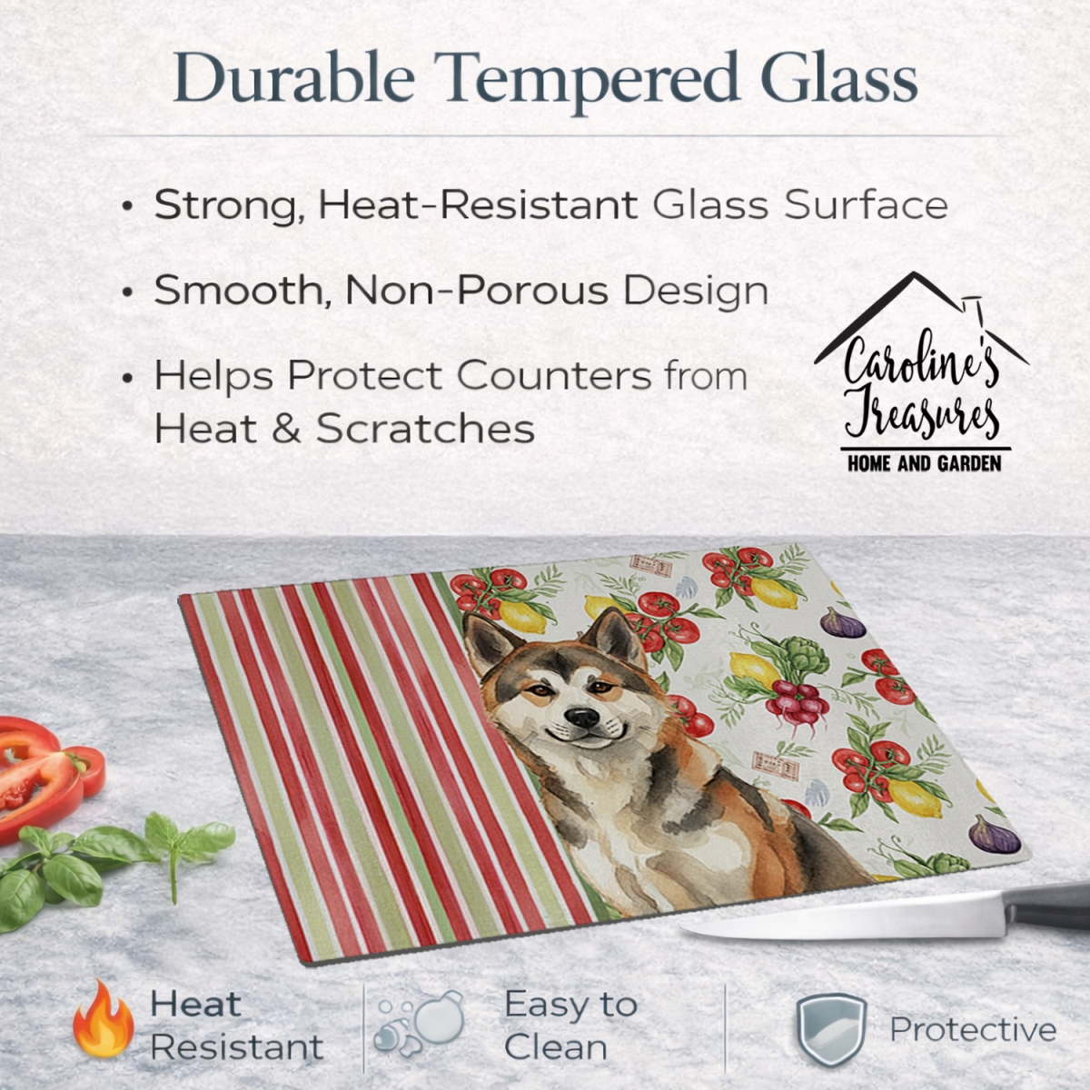 Picture of Carolines Treasures WDK8071LCB 11.25 x 15.25 in. Sesame Akita Vegetables Glass Cutting Board
