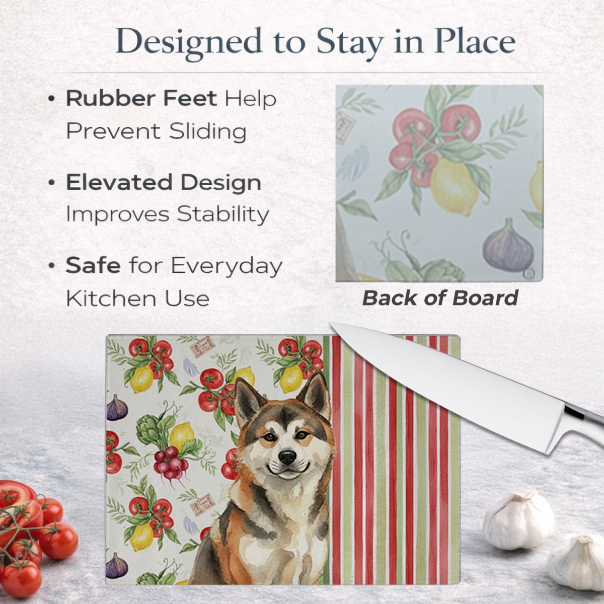 Picture of Carolines Treasures WDK8071LCB 11.25 x 15.25 in. Sesame Akita Vegetables Glass Cutting Board