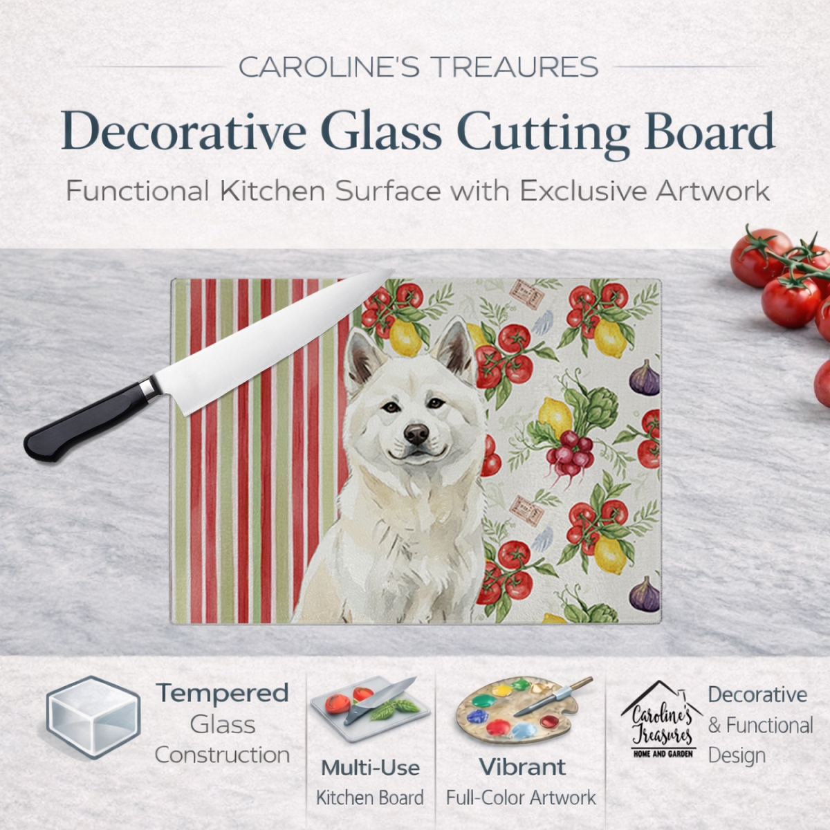 Picture of Carolines Treasures WDK8072LCB 11.25 x 15.25 in. White Akita Vegetables Glass Cutting Board
