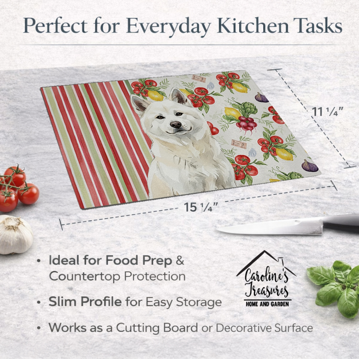 Picture of Carolines Treasures WDK8072LCB 11.25 x 15.25 in. White Akita Vegetables Glass Cutting Board