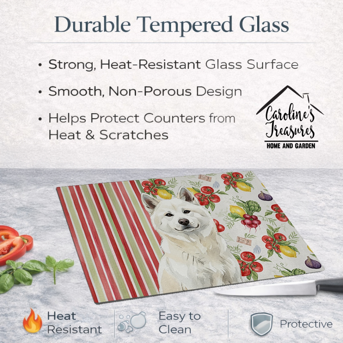 Picture of Carolines Treasures WDK8072LCB 11.25 x 15.25 in. White Akita Vegetables Glass Cutting Board