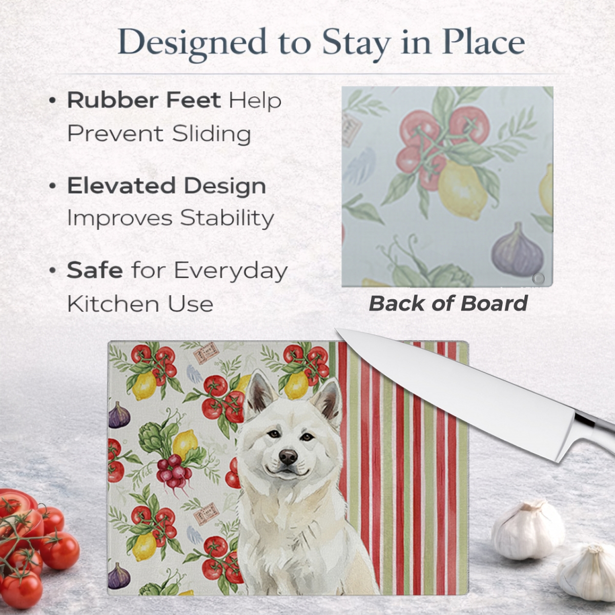 Picture of Carolines Treasures WDK8072LCB 11.25 x 15.25 in. White Akita Vegetables Glass Cutting Board