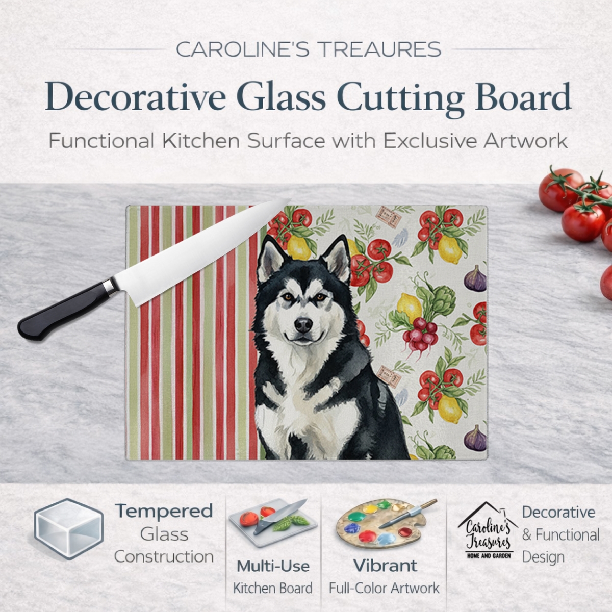 Picture of Carolines Treasures WDK8073LCB 11.25 x 15.25 in. Black & White Alaskan Malamute Vegetables Glass Cutting Board