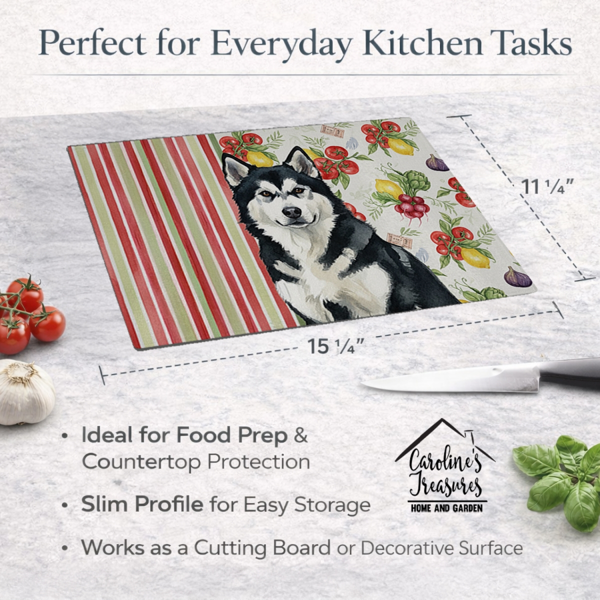 Picture of Carolines Treasures WDK8073LCB 11.25 x 15.25 in. Black & White Alaskan Malamute Vegetables Glass Cutting Board