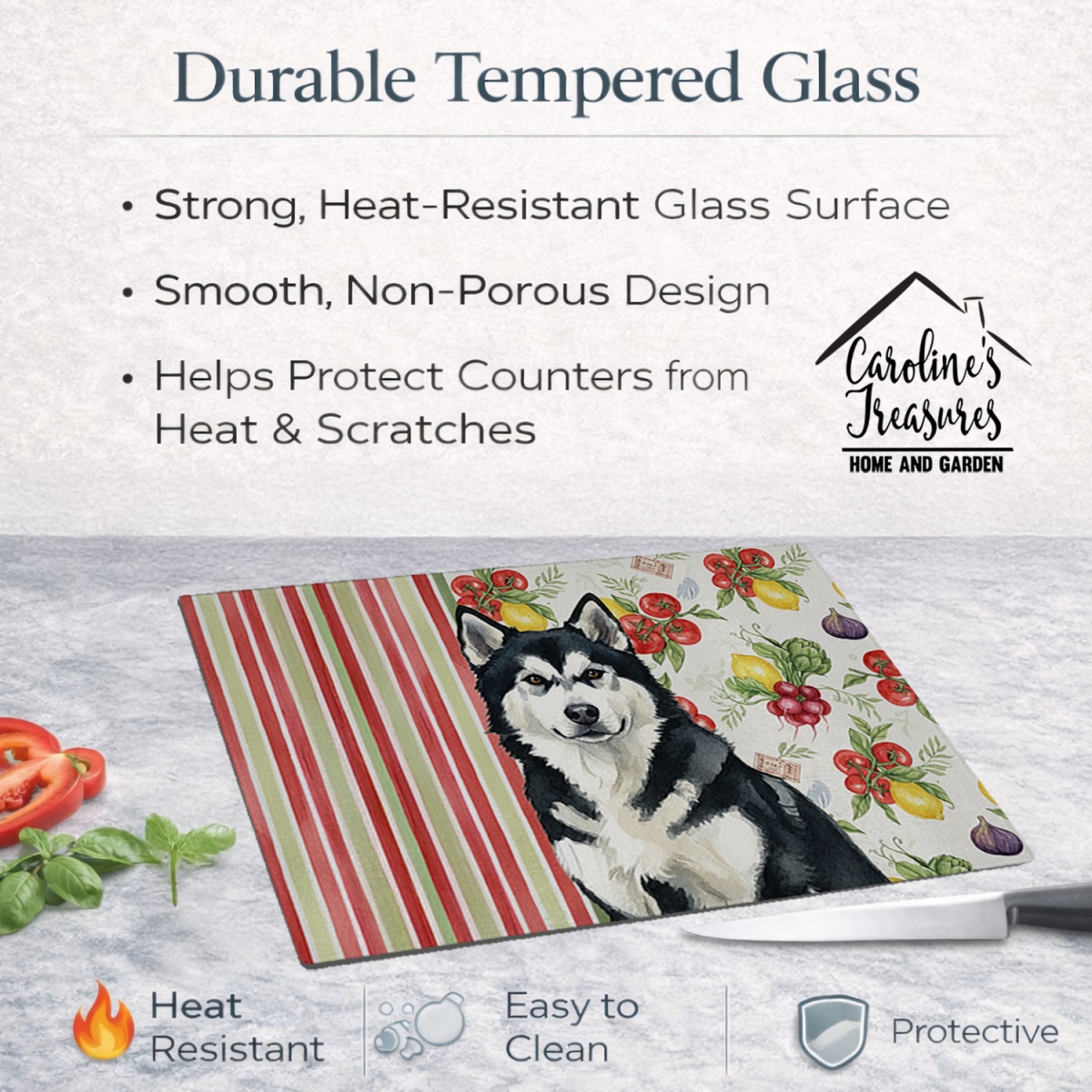 Picture of Carolines Treasures WDK8073LCB 11.25 x 15.25 in. Black & White Alaskan Malamute Vegetables Glass Cutting Board