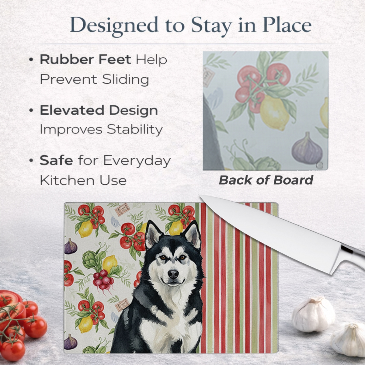 Picture of Carolines Treasures WDK8073LCB 11.25 x 15.25 in. Black & White Alaskan Malamute Vegetables Glass Cutting Board