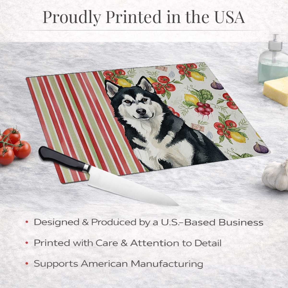 Picture of Carolines Treasures WDK8073LCB 11.25 x 15.25 in. Black & White Alaskan Malamute Vegetables Glass Cutting Board