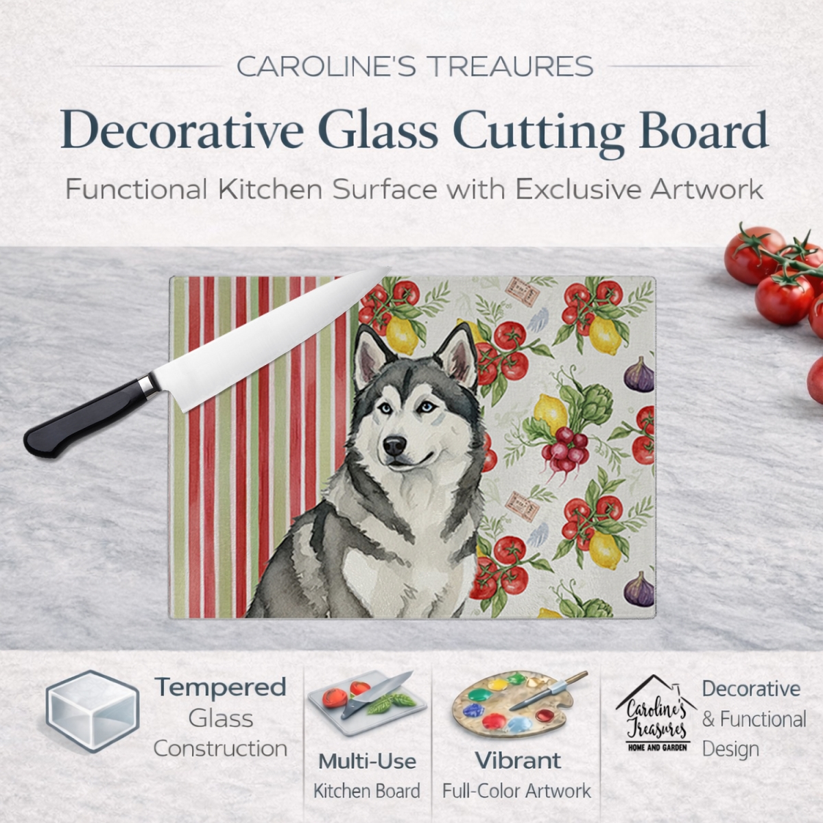 Picture of Carolines Treasures WDK8074LCB 11.25 x 15.25 in. Gray & White Alaskan Malamute Vegetables Glass Cutting Board