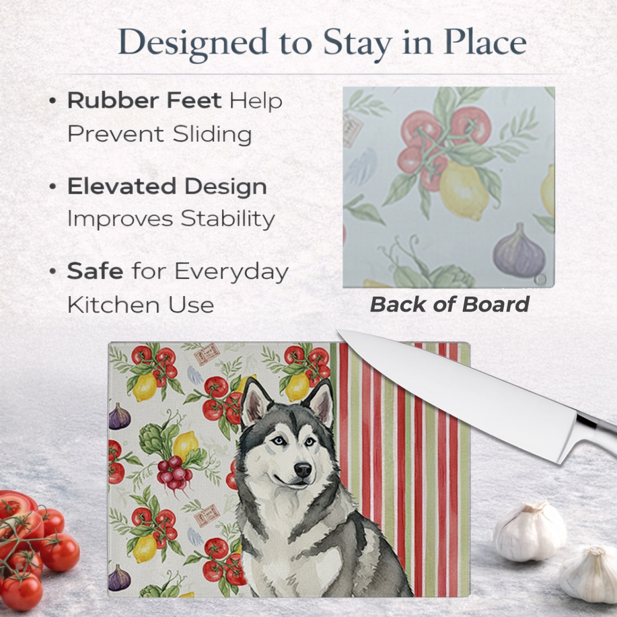 Picture of Carolines Treasures WDK8074LCB 11.25 x 15.25 in. Gray & White Alaskan Malamute Vegetables Glass Cutting Board