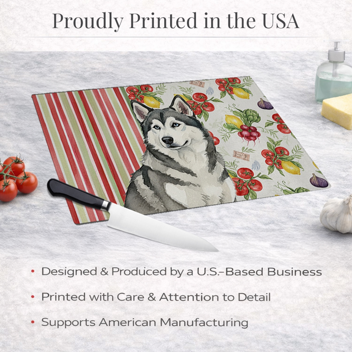 Picture of Carolines Treasures WDK8074LCB 11.25 x 15.25 in. Gray & White Alaskan Malamute Vegetables Glass Cutting Board