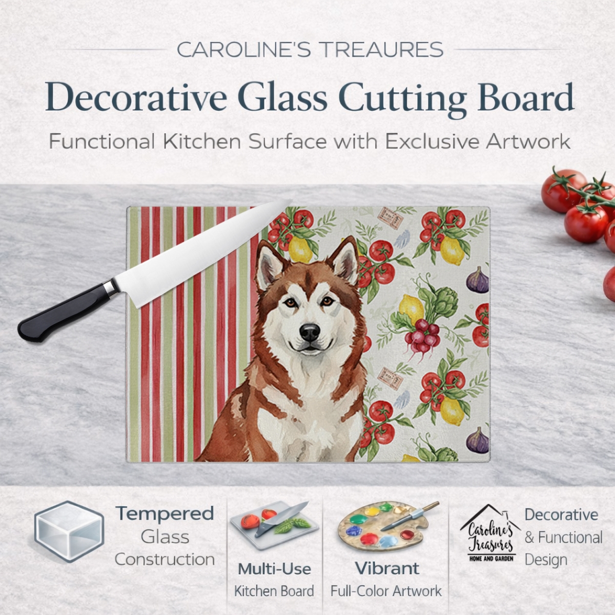 Picture of Carolines Treasures WDK8075LCB 11.25 x 15.25 in. Red & White Alaskan Malamute Vegetables Glass Cutting Board