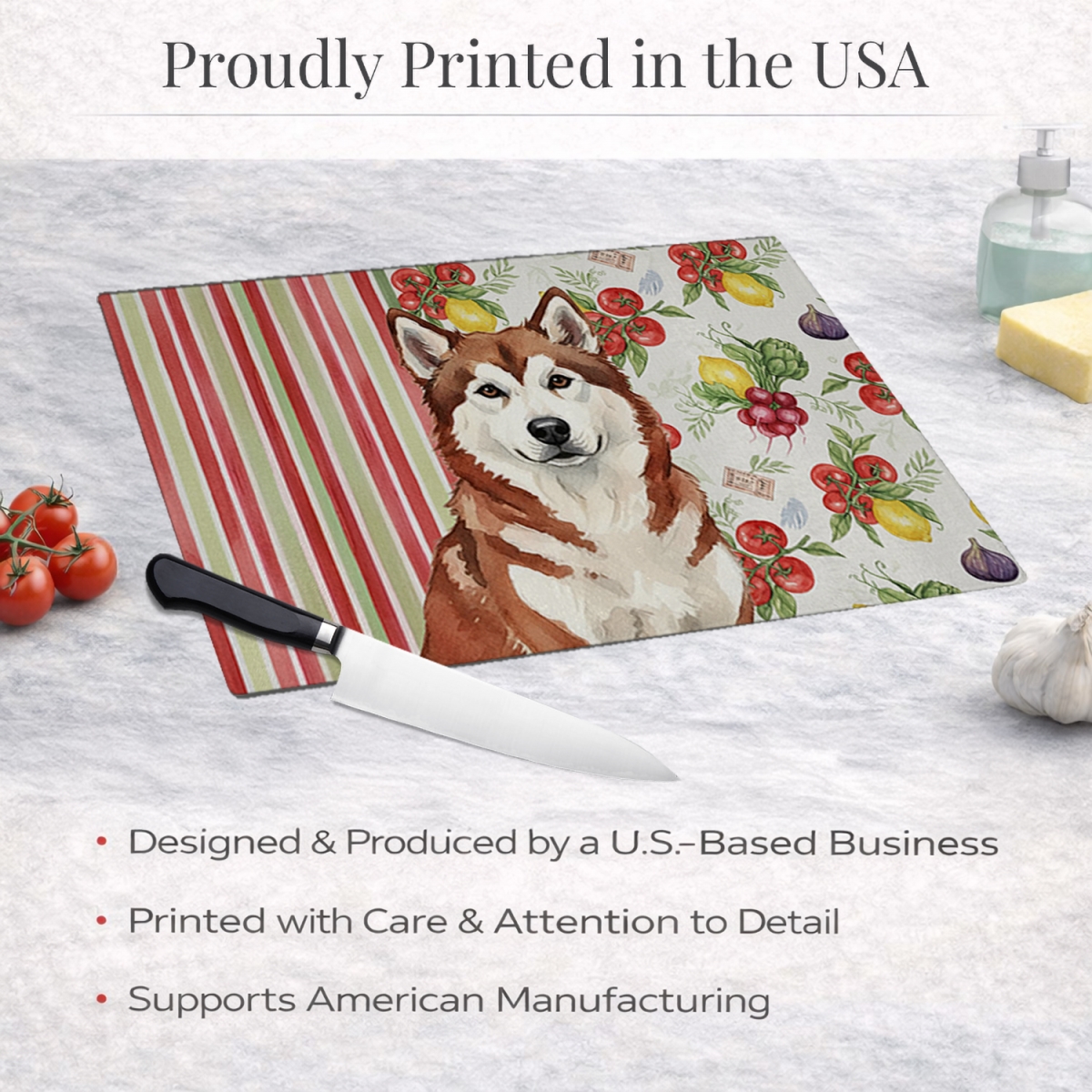 Picture of Carolines Treasures WDK8075LCB 11.25 x 15.25 in. Red & White Alaskan Malamute Vegetables Glass Cutting Board