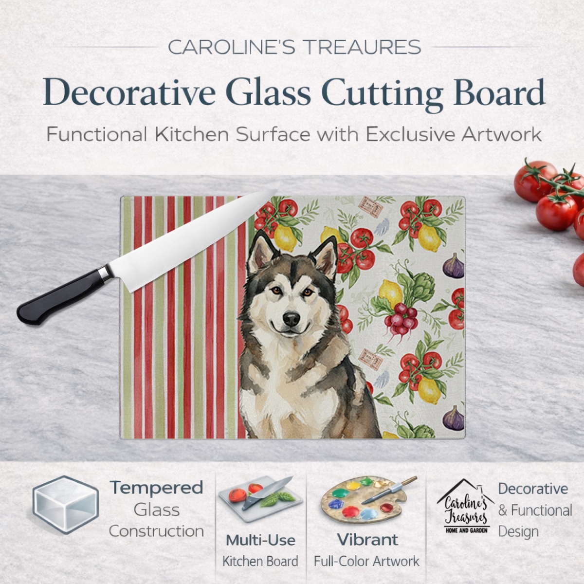 Picture of Carolines Treasures WDK8076LCB 11.25 x 15.25 in. Sable & White Alaskan Malamute Vegetables Glass Cutting Board