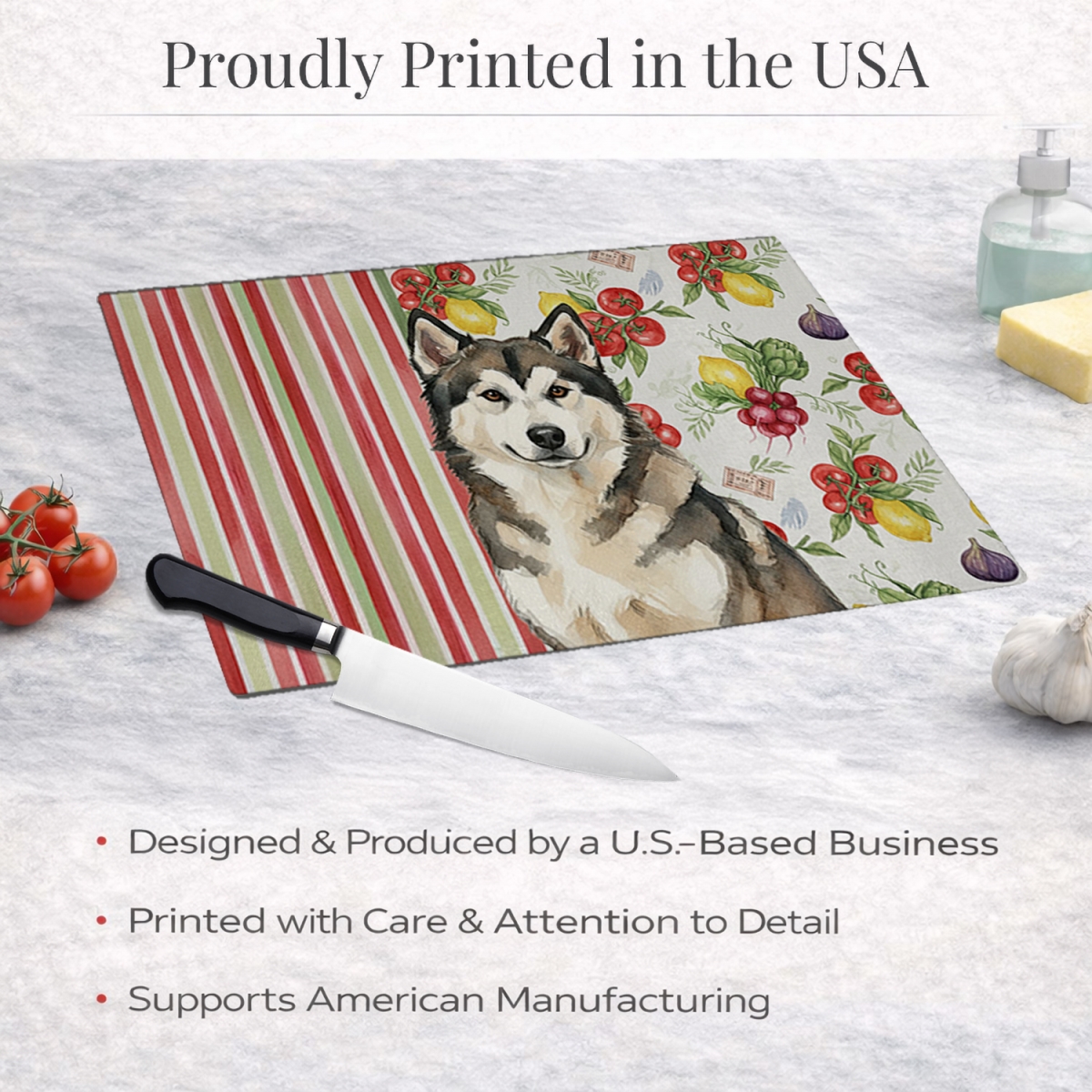 Picture of Carolines Treasures WDK8076LCB 11.25 x 15.25 in. Sable & White Alaskan Malamute Vegetables Glass Cutting Board