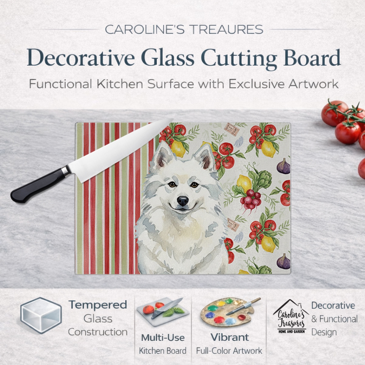 Picture of Carolines Treasures WDK8077LCB 11.25 x 15.25 in. American Eskimo Vegetables Glass Cutting Board