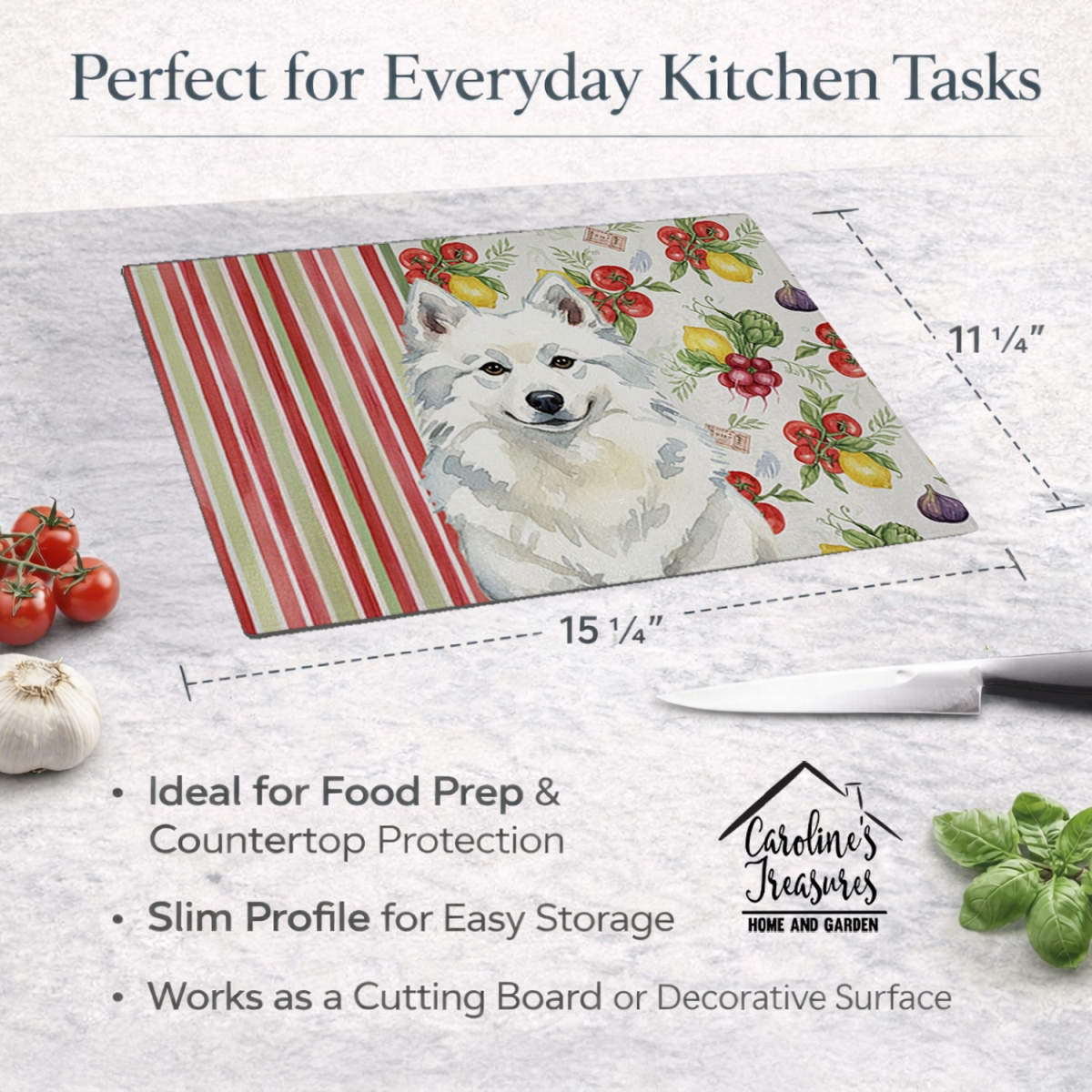 Picture of Carolines Treasures WDK8077LCB 11.25 x 15.25 in. American Eskimo Vegetables Glass Cutting Board