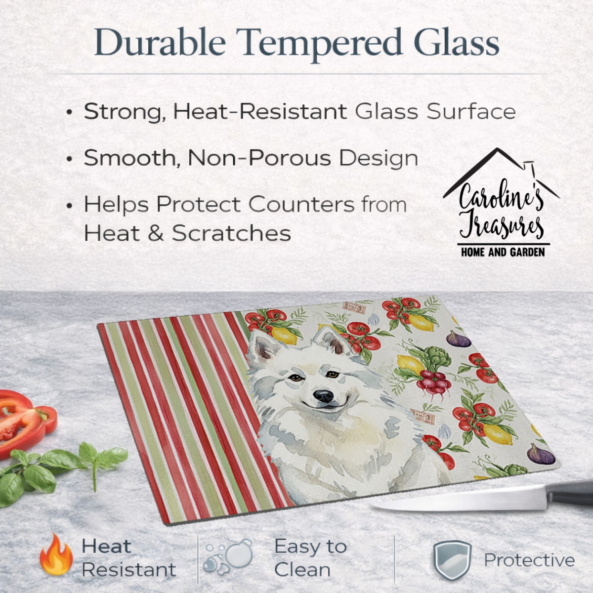 Picture of Carolines Treasures WDK8077LCB 11.25 x 15.25 in. American Eskimo Vegetables Glass Cutting Board