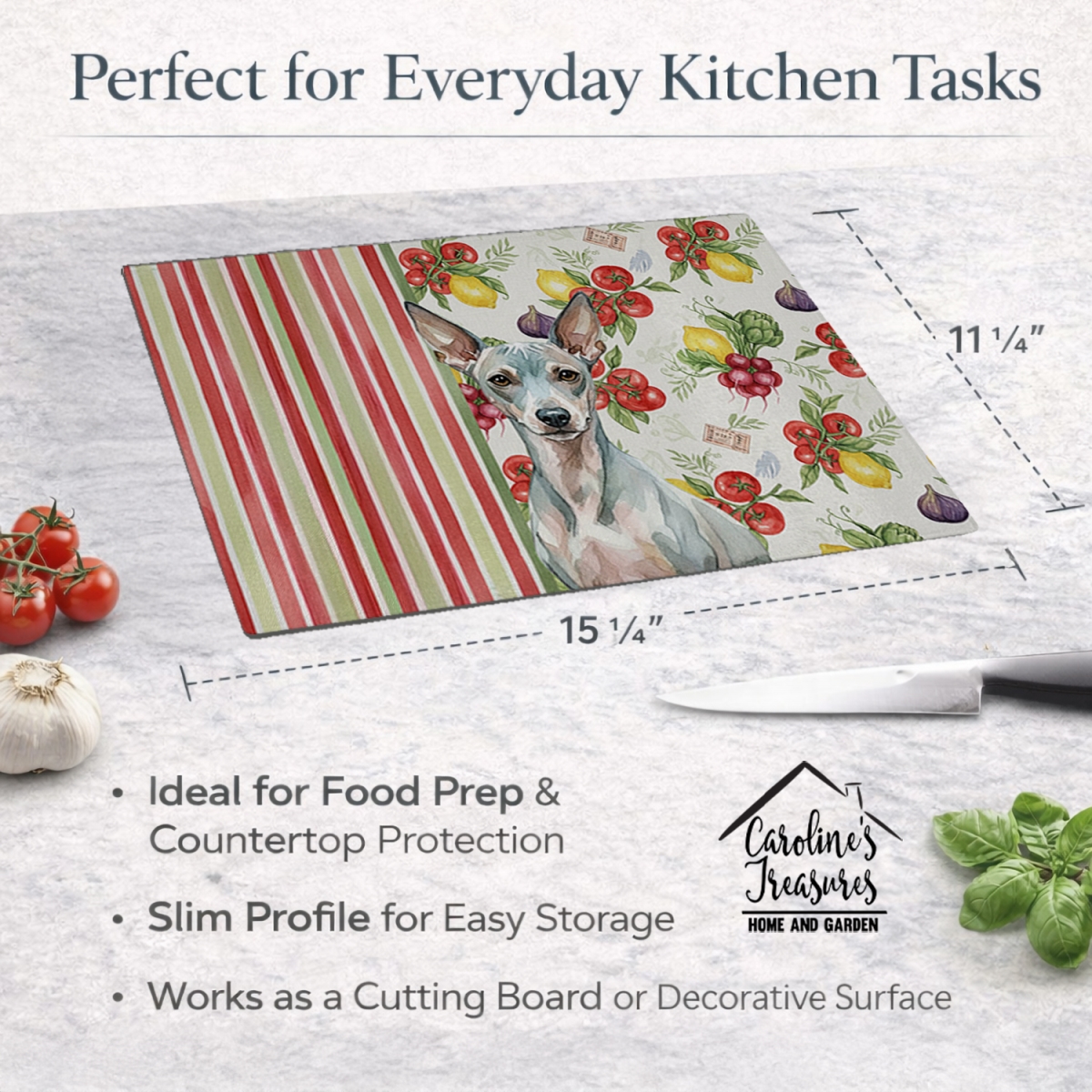 Picture of Carolines Treasures WDK8078LCB 11.25 x 15.25 in. American Hairless Terrier Vegetables Glass Cutting Board