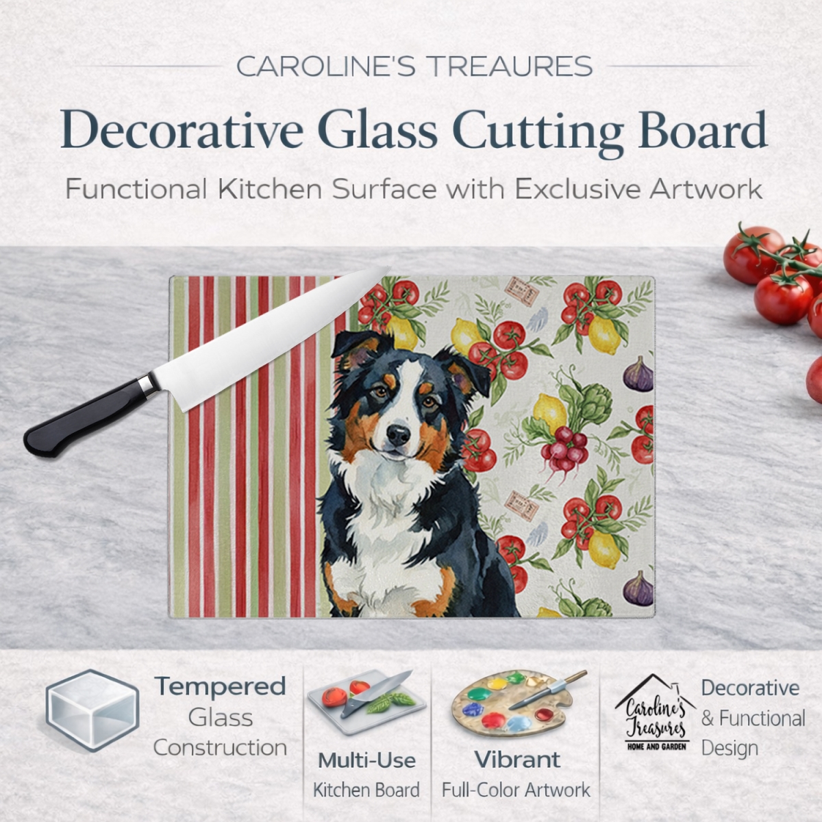 Picture of Carolines Treasures WDK8079LCB 11.25 x 15.25 in. Black Tri American Shepherd Vegetables Glass Cutting Board