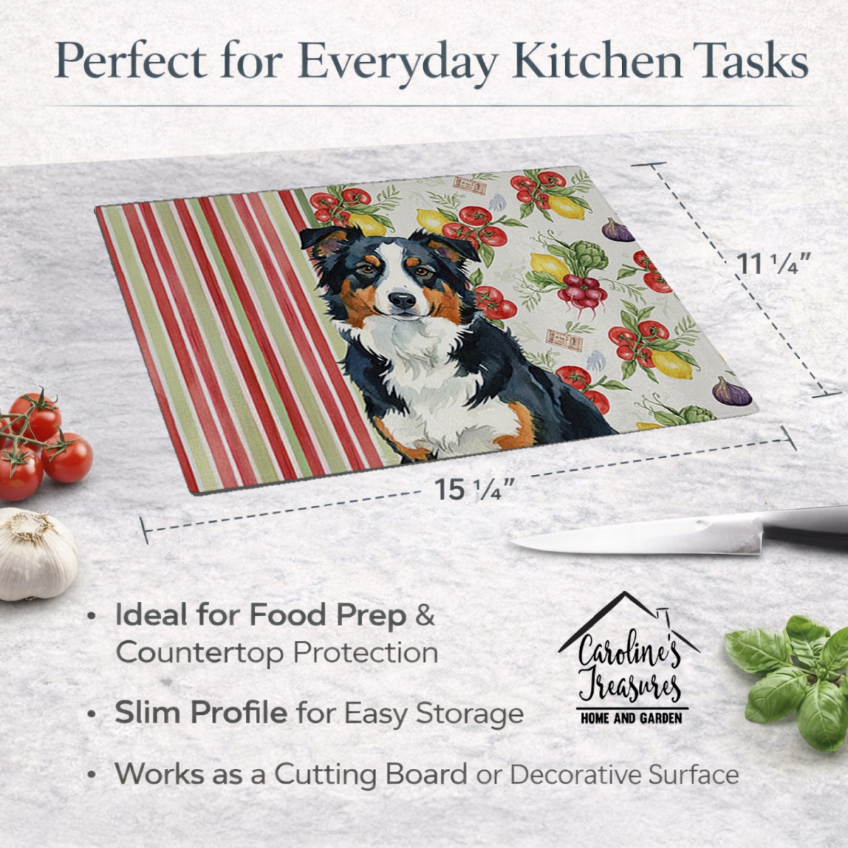 Picture of Carolines Treasures WDK8079LCB 11.25 x 15.25 in. Black Tri American Shepherd Vegetables Glass Cutting Board