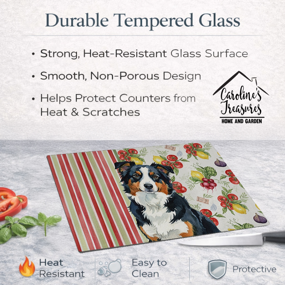 Picture of Carolines Treasures WDK8079LCB 11.25 x 15.25 in. Black Tri American Shepherd Vegetables Glass Cutting Board