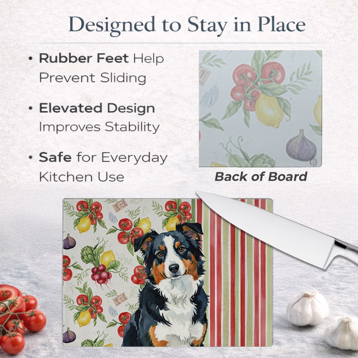 Picture of Carolines Treasures WDK8079LCB 11.25 x 15.25 in. Black Tri American Shepherd Vegetables Glass Cutting Board