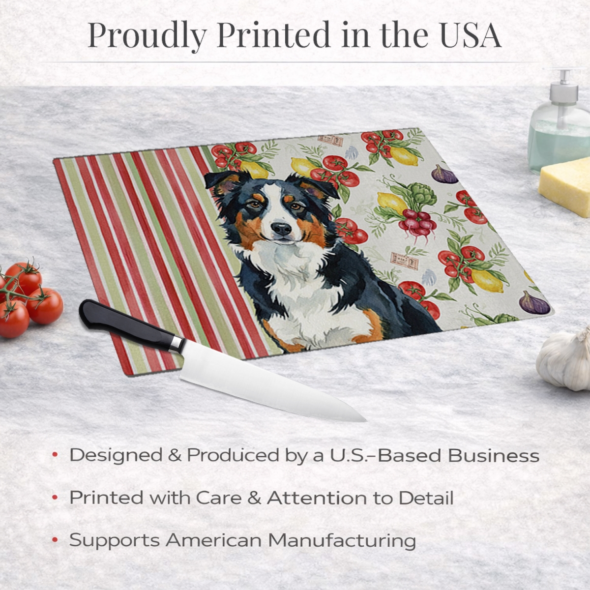 Picture of Carolines Treasures WDK8079LCB 11.25 x 15.25 in. Black Tri American Shepherd Vegetables Glass Cutting Board