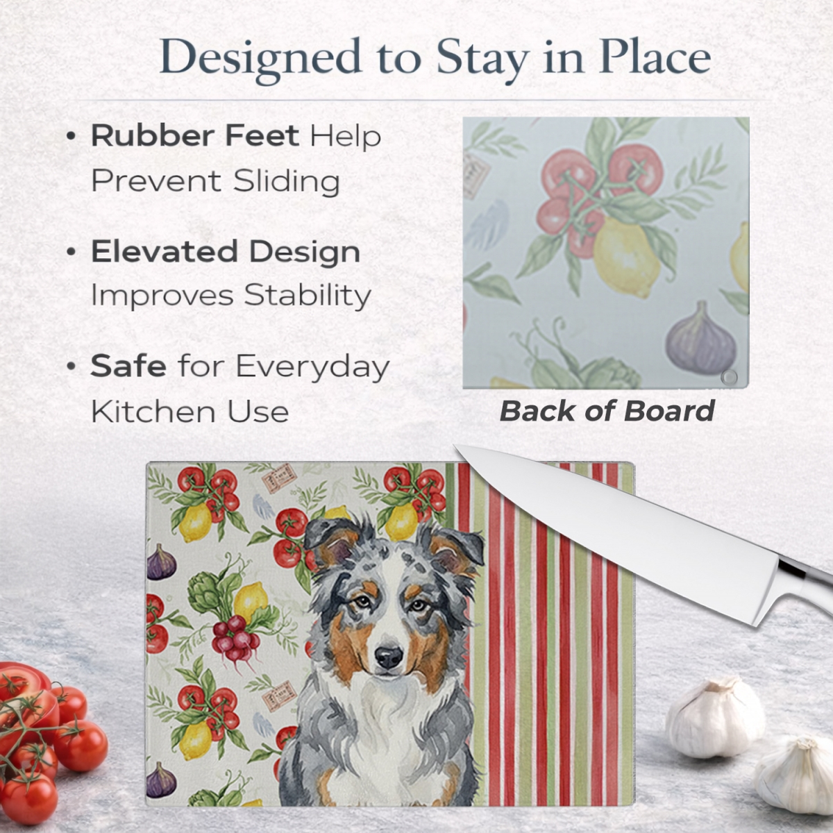Picture of Carolines Treasures WDK8080LCB 11.25 x 15.25 in. Blue Merle American Shepherd Vegetables Glass Cutting Board
