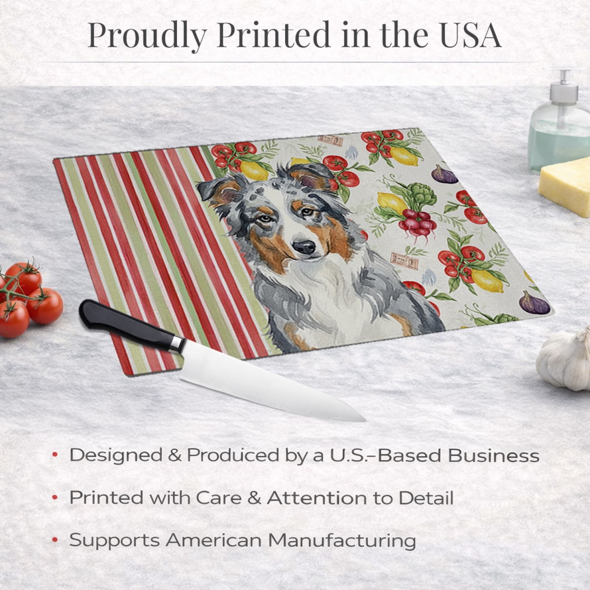 Picture of Carolines Treasures WDK8080LCB 11.25 x 15.25 in. Blue Merle American Shepherd Vegetables Glass Cutting Board