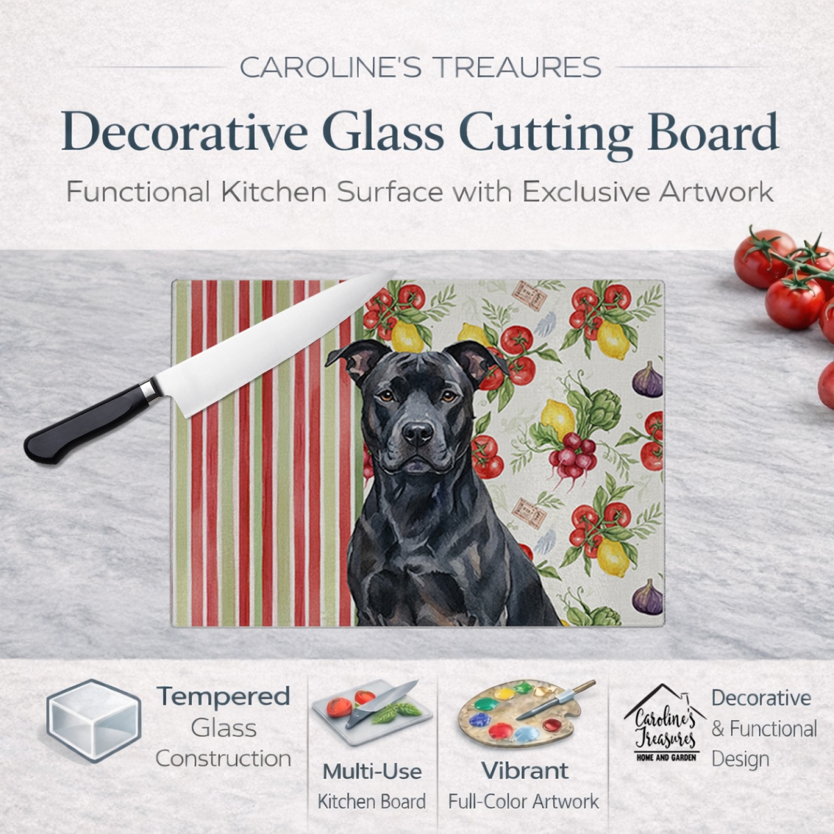 Picture of Carolines Treasures WDK8081LCB 11.25 x 15.25 in. Black American Staffordshire Terrier Vegetables Glass Cutting Board