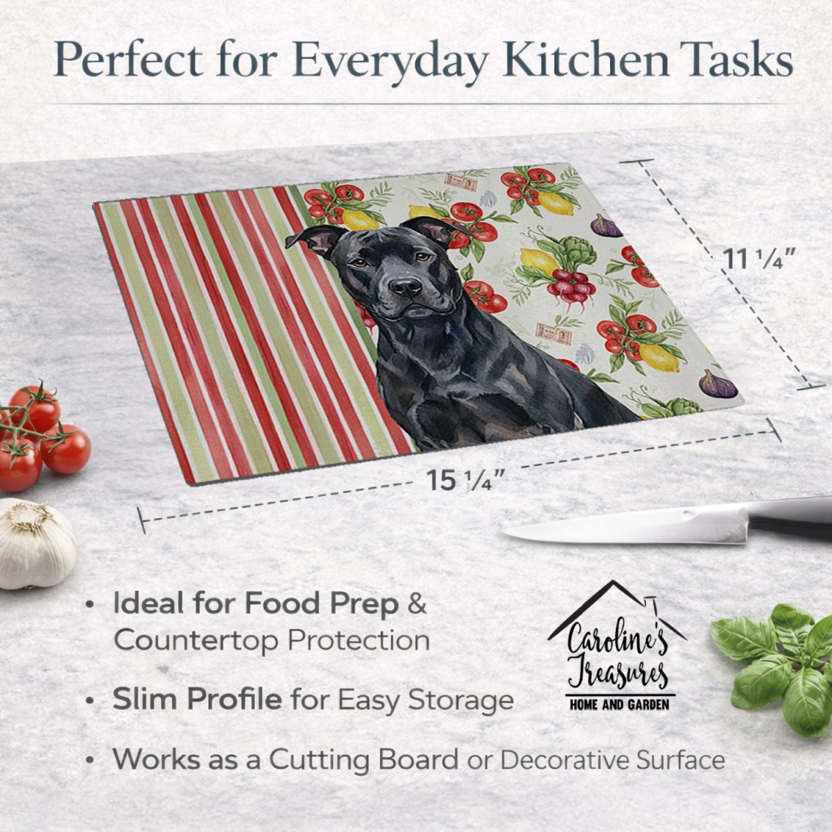 Picture of Carolines Treasures WDK8081LCB 11.25 x 15.25 in. Black American Staffordshire Terrier Vegetables Glass Cutting Board