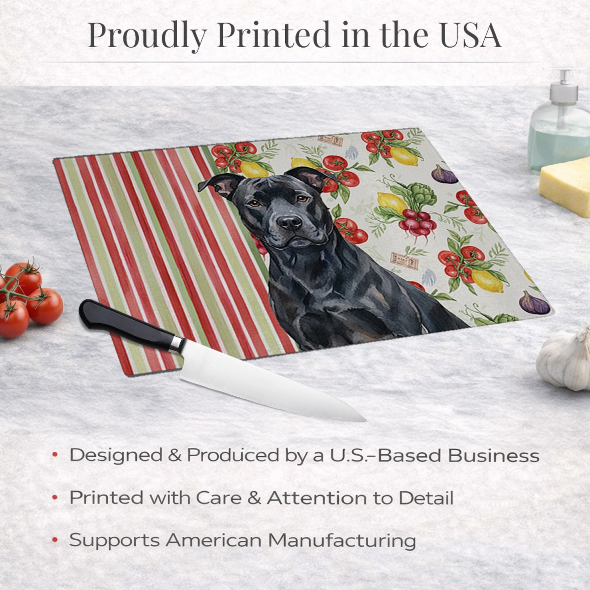Picture of Carolines Treasures WDK8081LCB 11.25 x 15.25 in. Black American Staffordshire Terrier Vegetables Glass Cutting Board