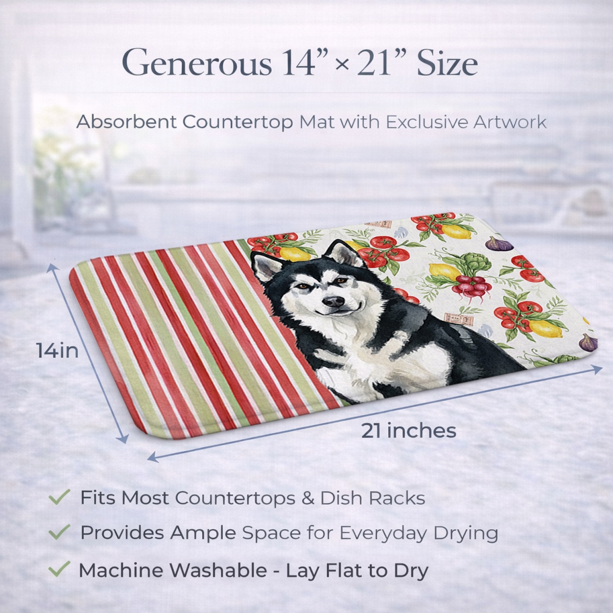 Picture of Carolines Treasures WDK8073DDM 21 x 14 in. Black & White Alaskan Malamute Vegetables Dish Drying Mat